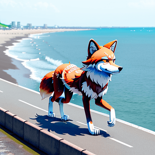 AI generated: A cute kemono wolf walking by the sea in summer