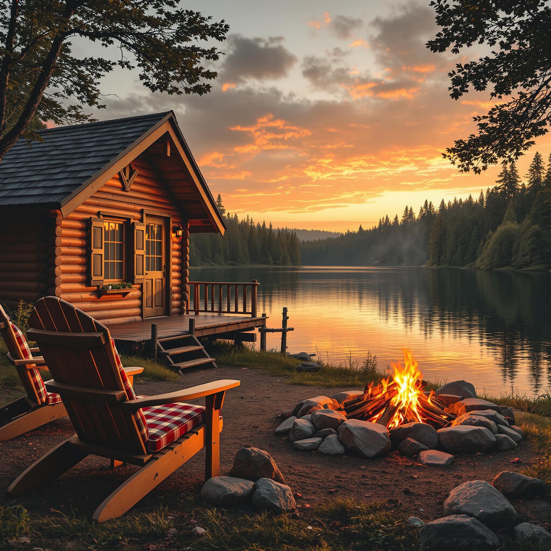 AI generated: A tranquil lakeside scene at sunset. A cozy wooden log cabin sits on the shore of a calm lake, surro...