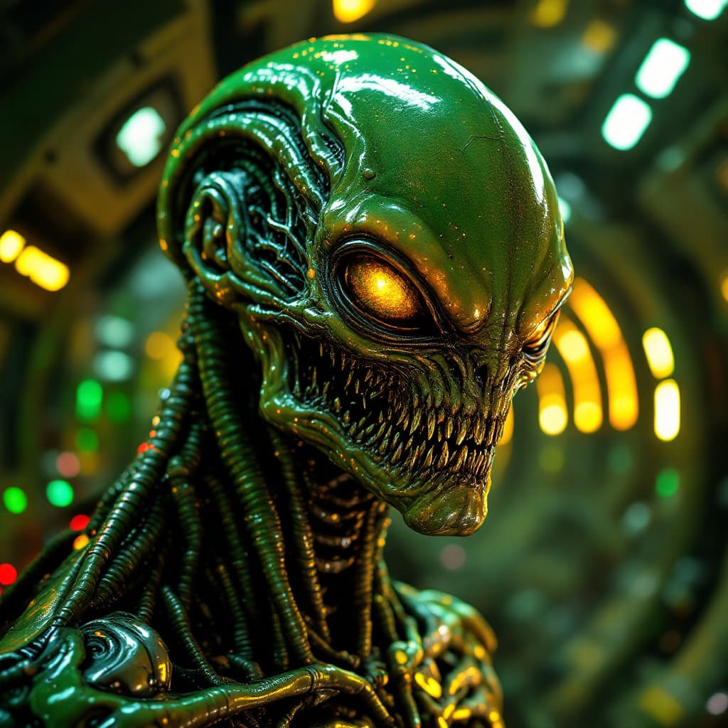 AI generated: A weird alien monster, H.R. Giger style. Green brown skin. Green, gold, silver. Neon lights. Radiati...