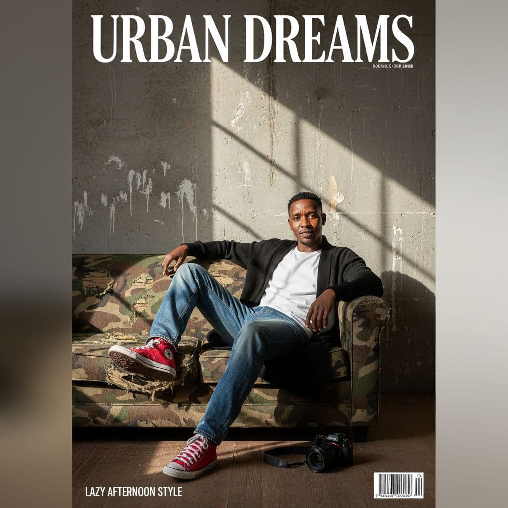 AI generated: photography, magazine cover, tilt shot, male model lounging on a worn camouflage sofa, casually dres...