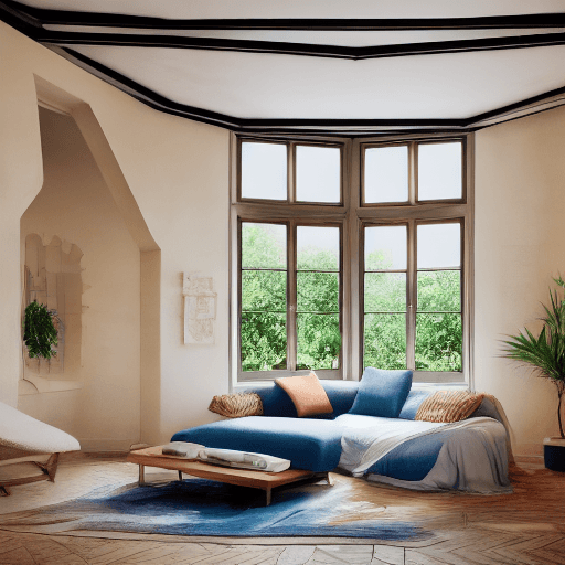 AI generated: High resolution photography interior design, dreamy sunken living room conversation pit, wooden floo...
