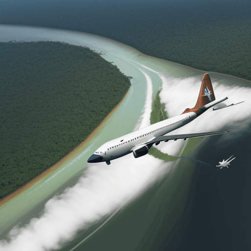 AI generated: make an ultra realistic image of a plane flying over the Amazon jungle with the Amazon river in the ...