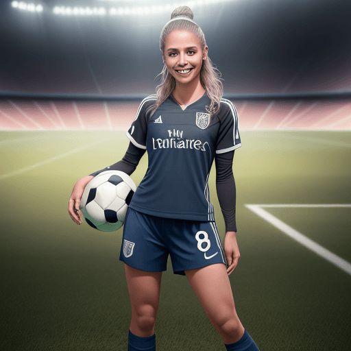 AI generated: professional sports athletic woman dressed as soccer player, soccer ball, smiling, football pitch in...