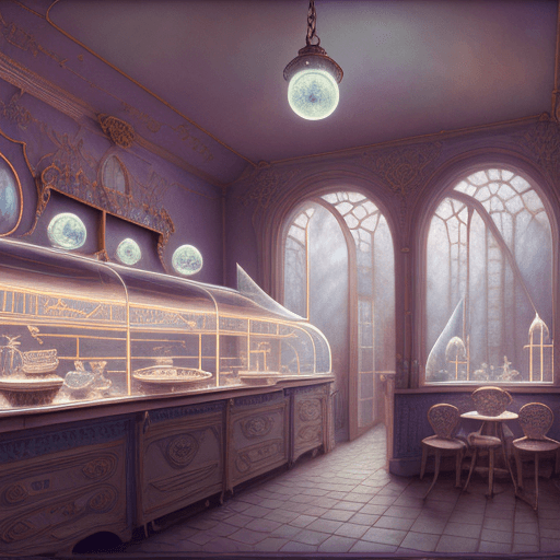AI generated: perspective, interior, curious old secret ice cream shop of the fairies,  victorian, animation art, ...