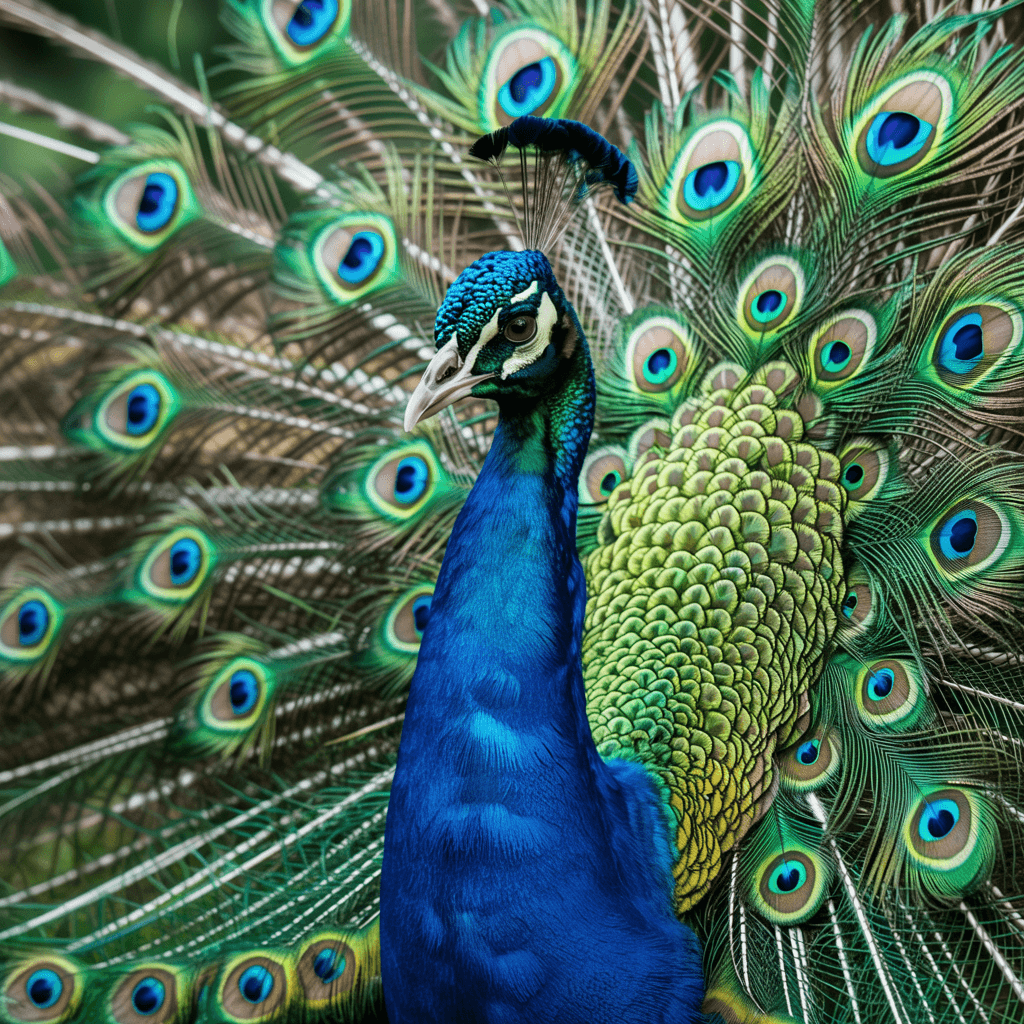 AI generated: A man with peacock genetics, his skin shimmering with iridescent feather patterns, eyes that are lit...