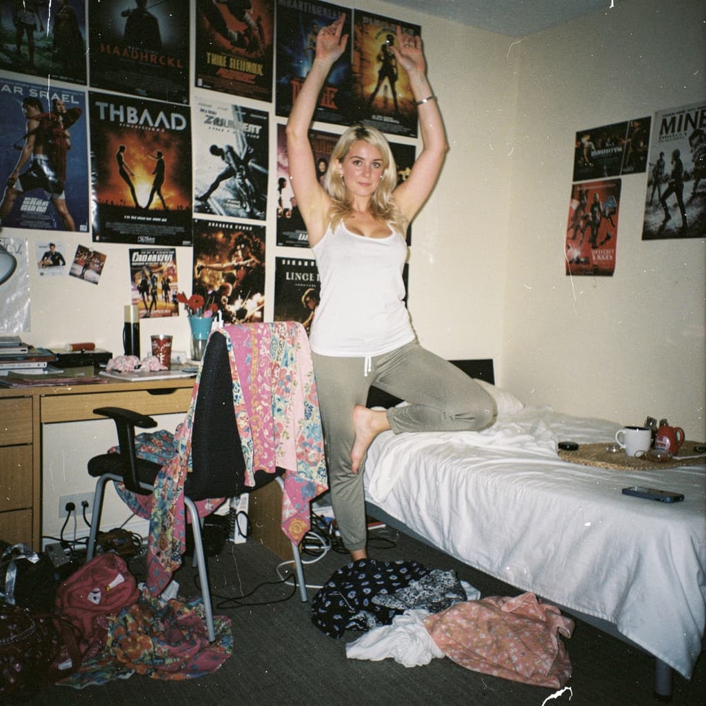 AI generated: crisp modern-2000s lo-fi amateur flash snapshot in a messy office with posters and scattered female ...