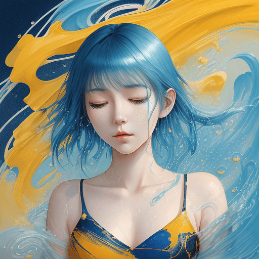 AI generated: a girl with blue hair with eyes closed, in the style of the stars art group (xing xing), yellow and ...