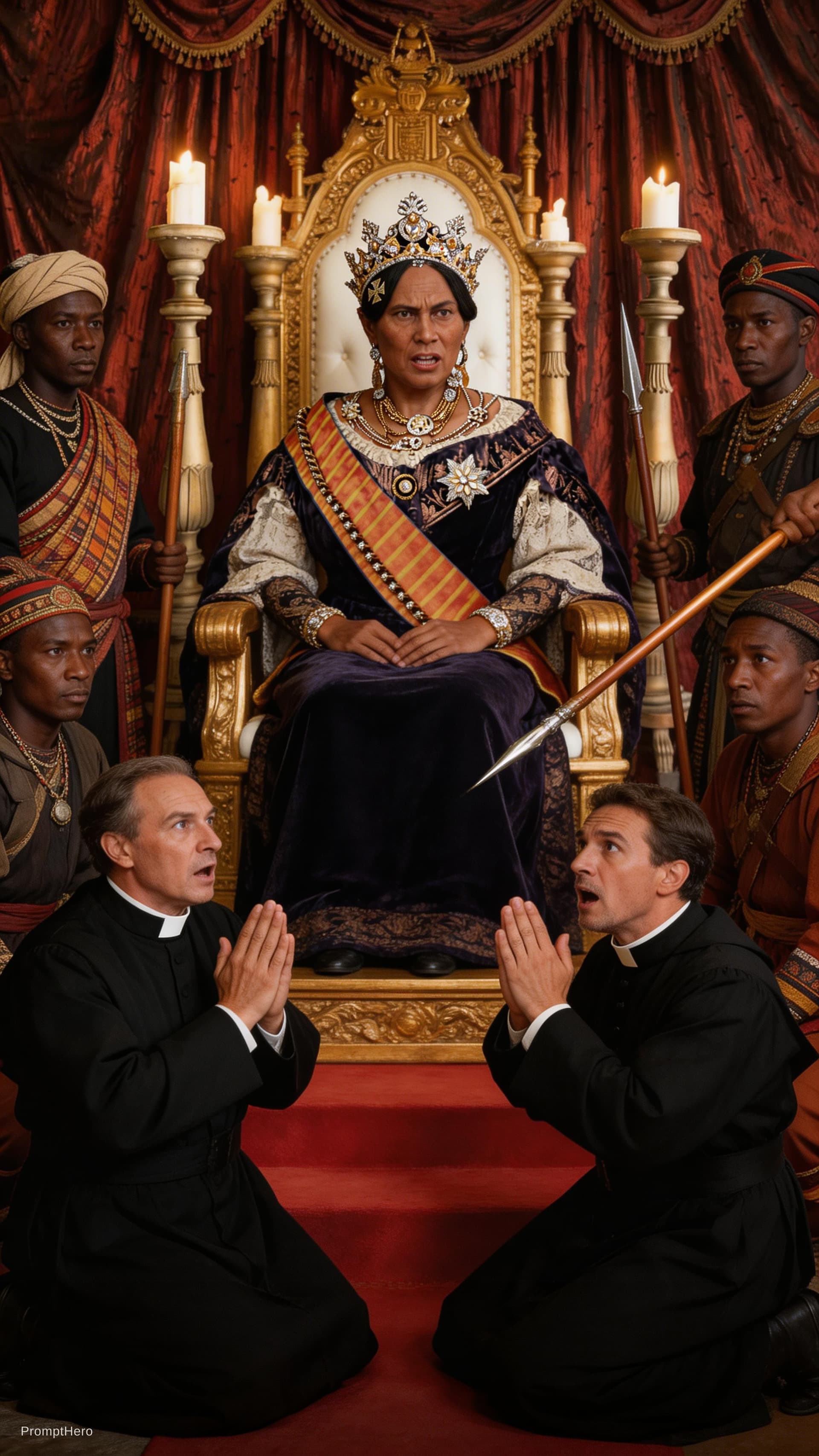AI generated: make her sit on a throne in ancient madagascar royal palace next to her black servants who have trad...