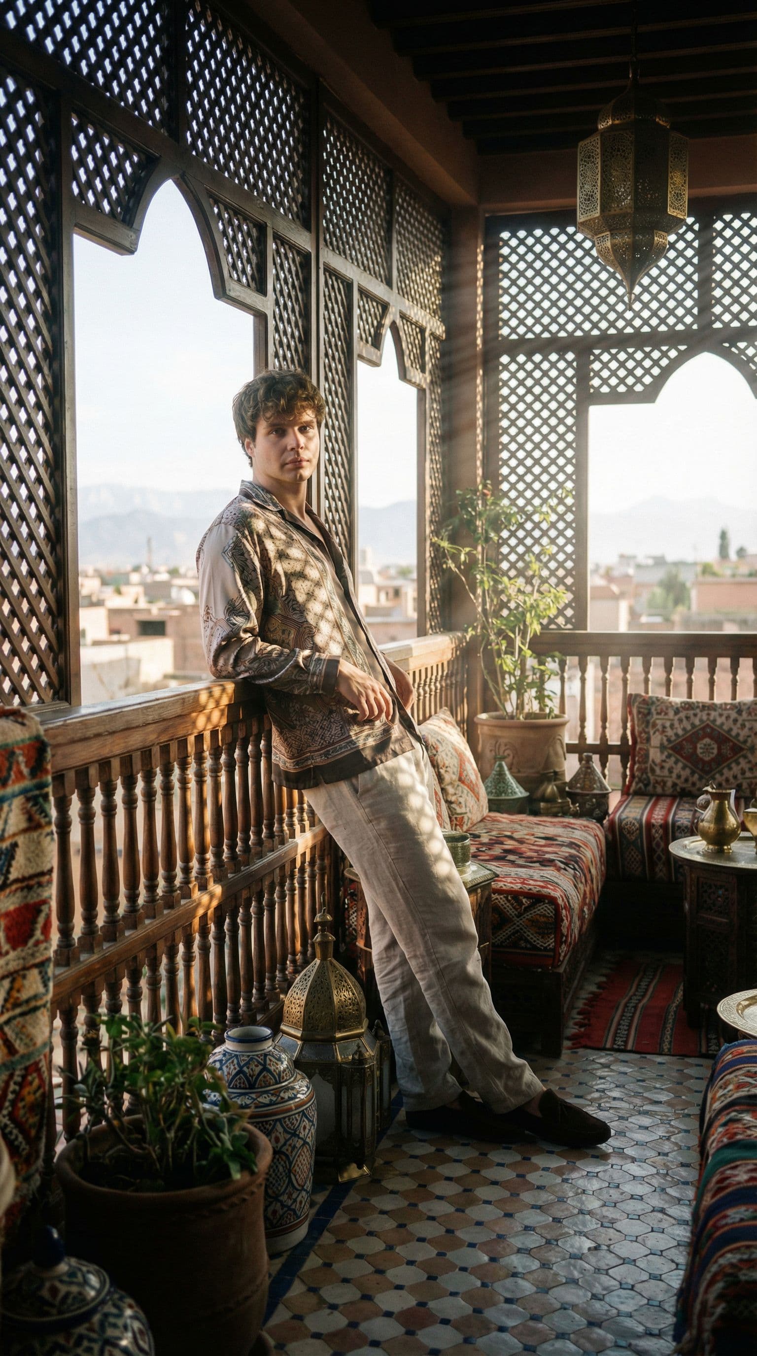 AI generated: Editorial shot of a stunning male model on a balcony in Marrakech. The scene features hypermaximalis...