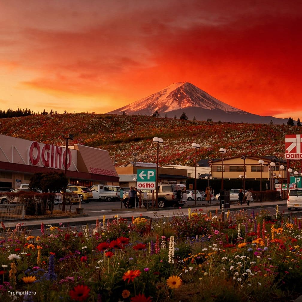 AI generated: red sunset glow,flowers over the mountain