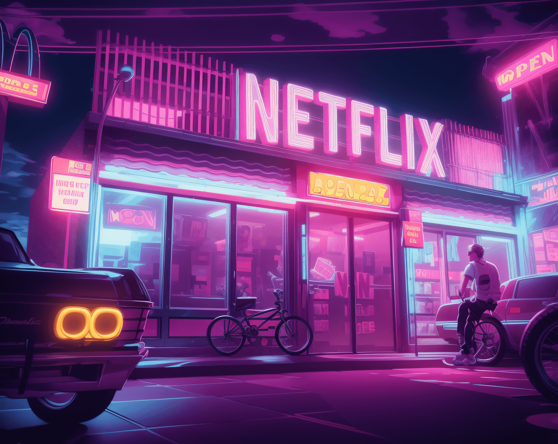 AI generated: a cartoon of a man riding a bike past a mcdonald's, netflix neon logo concept art, netflix animation...