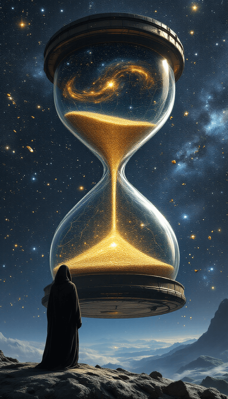 AI generated: [A **massive, ancient hourglass** floats in the heart of a **vast cosmic void**, its **cracked glass...
