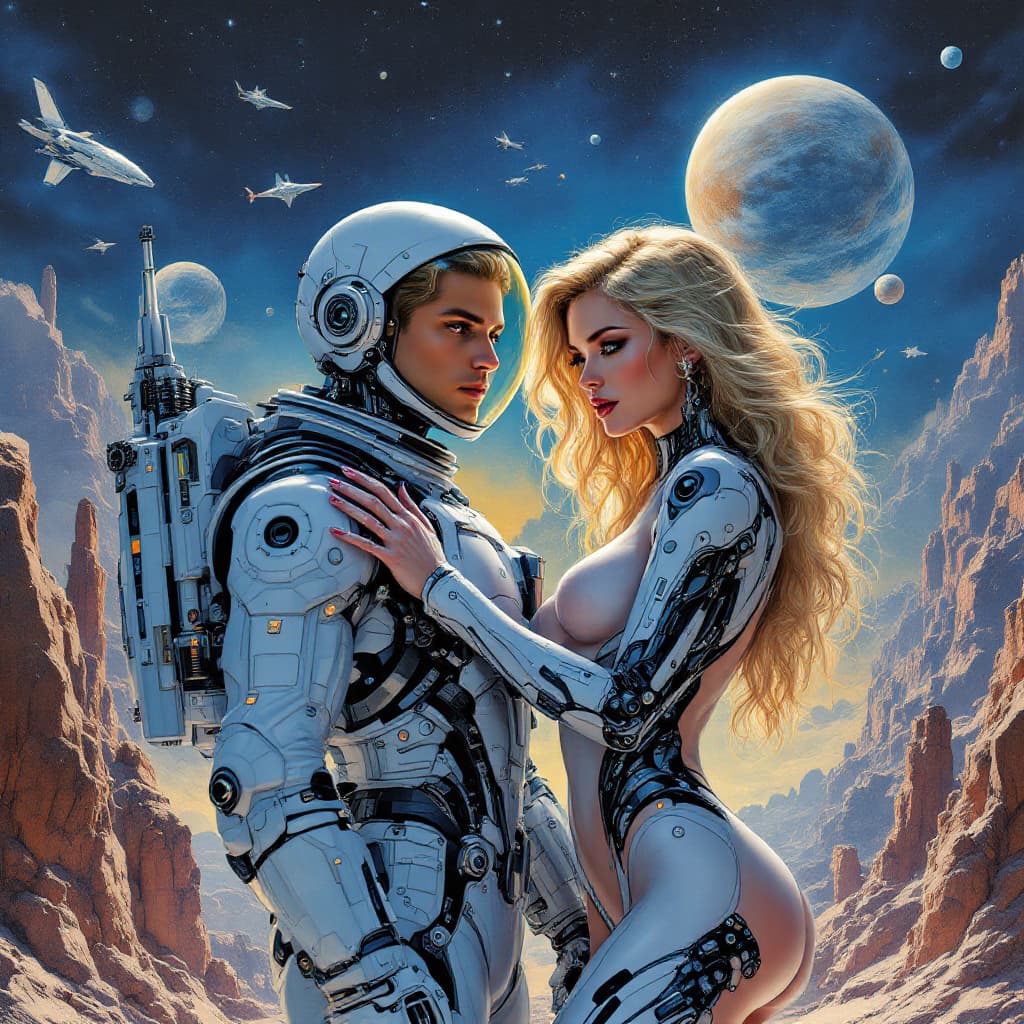 AI generated: A highly detailed comic book cover illustration showing a full body view of a young blonde astronaut...