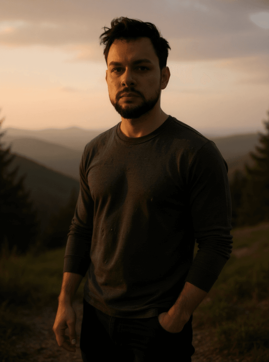 AI generated: A cinematic movie still of an (attractive) young man with dark medium hair, beautiful skin, strong f...