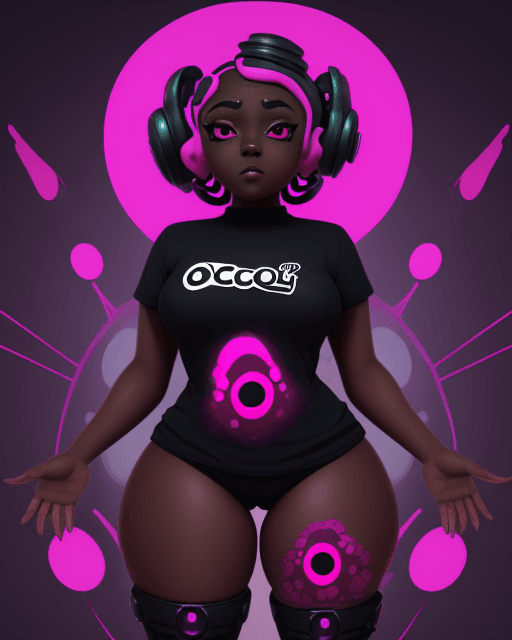 AI generated: octoling girl, dark skin, thick thighs, splatoon, high tech, hypnotized, demonic