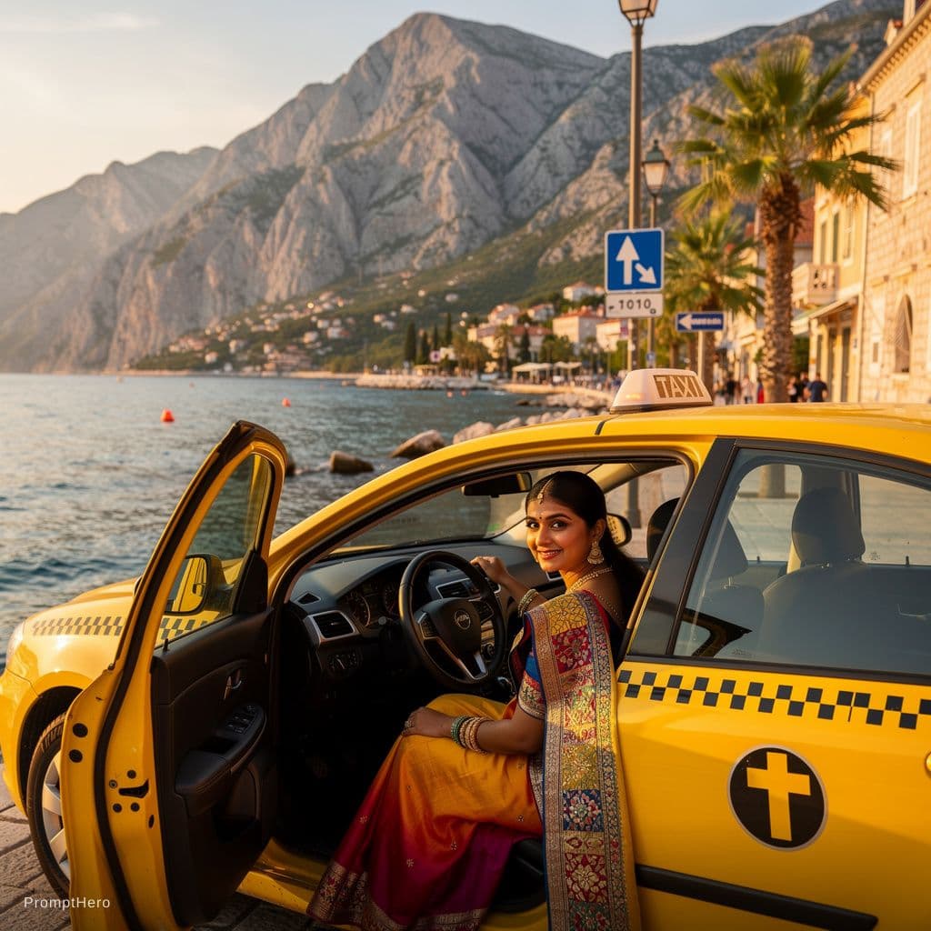 AI generated: taxi in makarska，woman driver,saree,indian_dress
