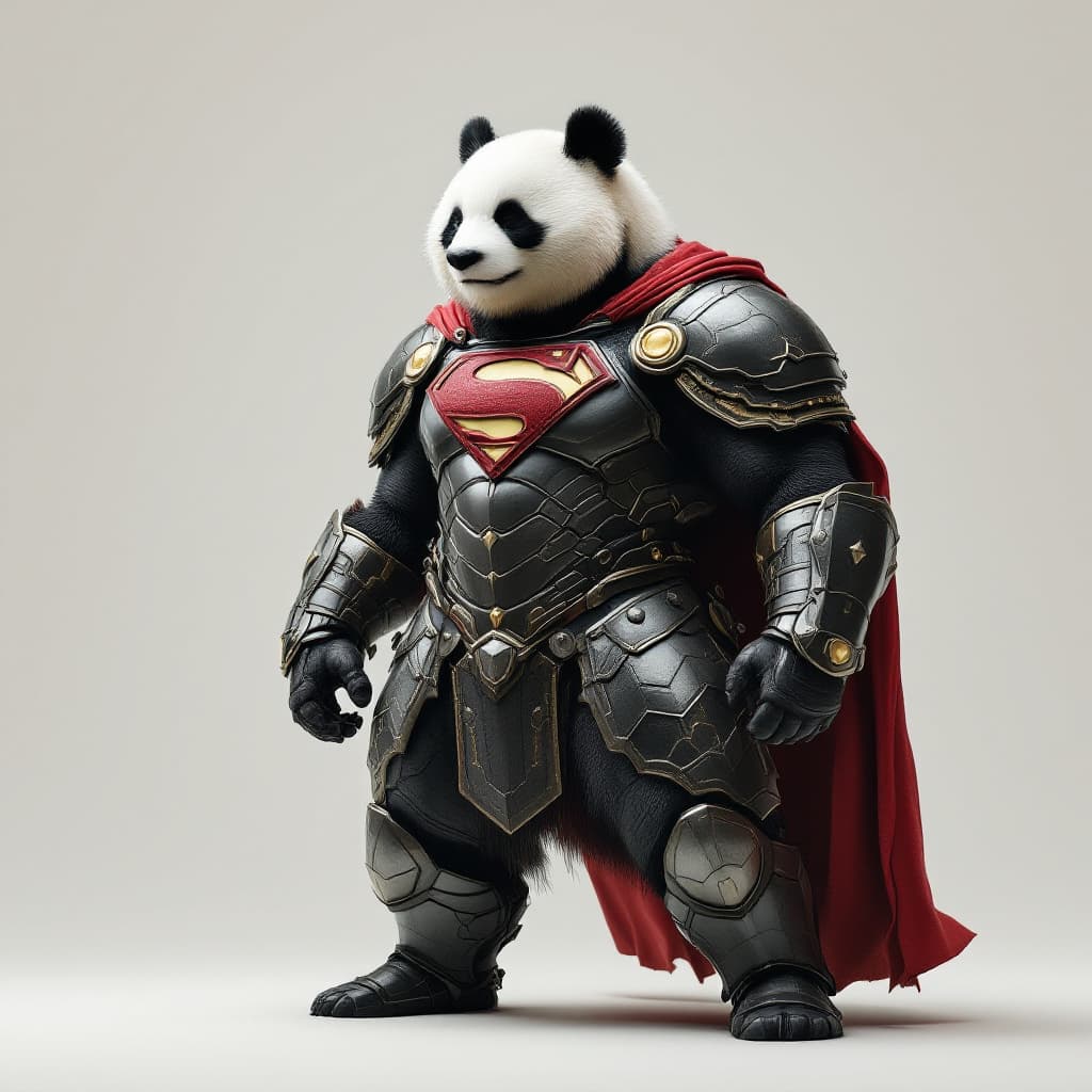 AI generated: A panda standing in armor, imitating Superman's pose