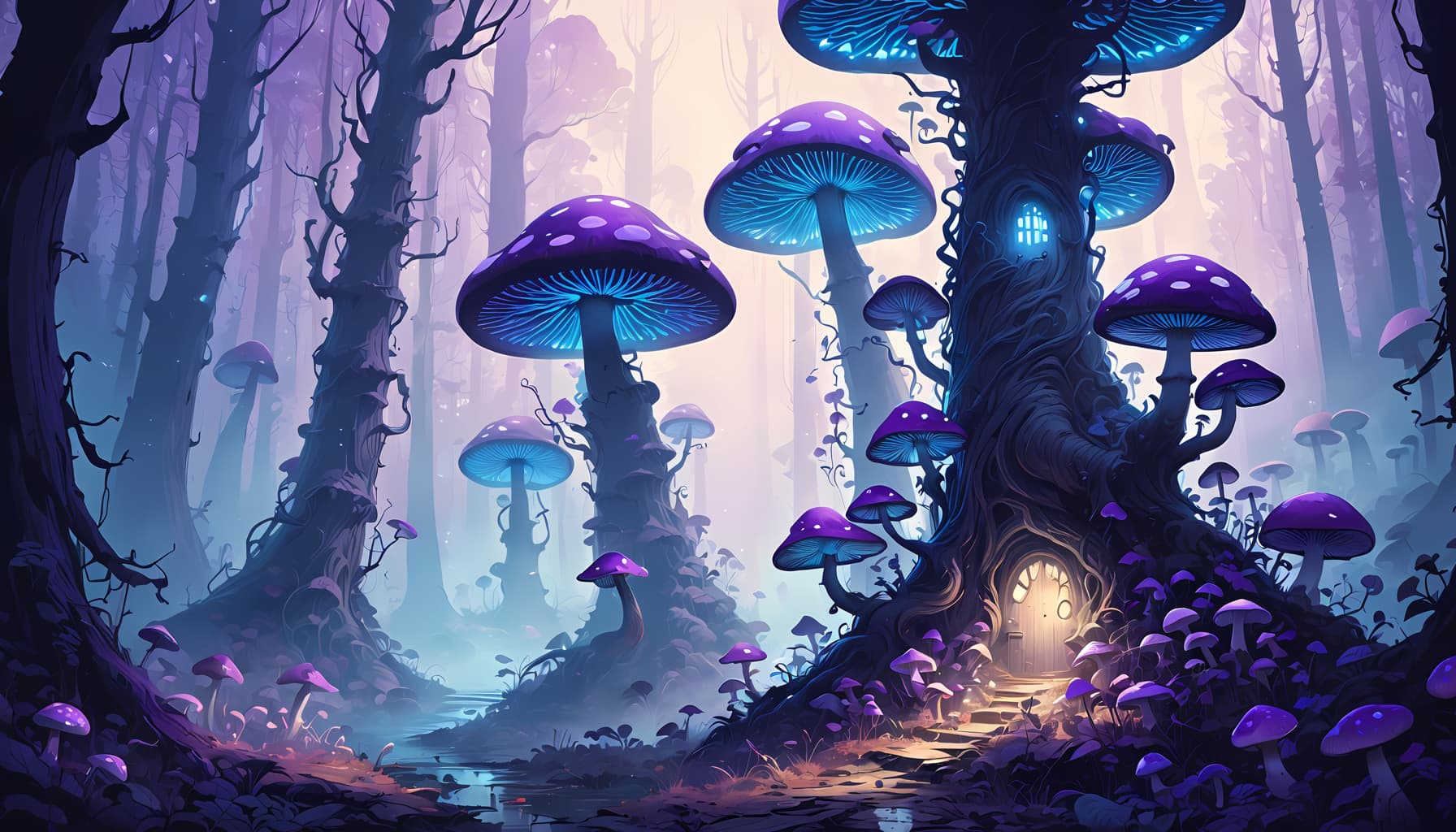 AI generated: <ti:SimplepositiveXLv1>  style of Szymon Biernacki, an enchanted forest, deep blues and purples, glo...