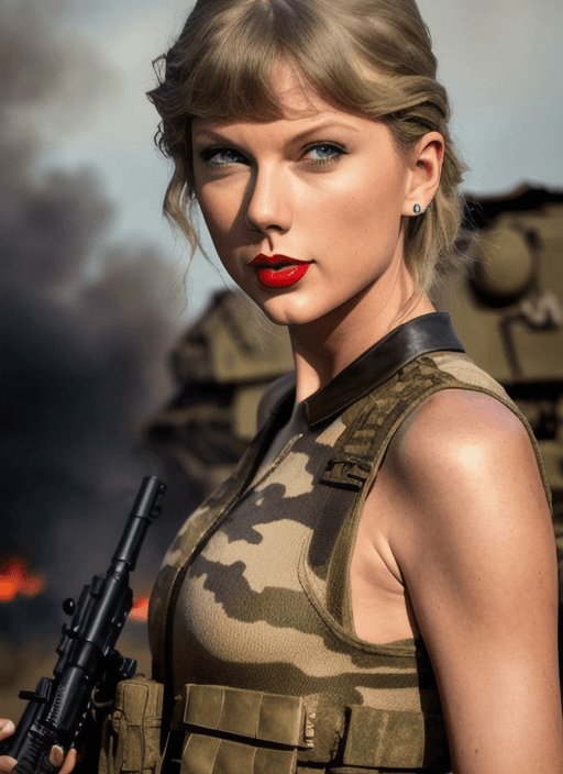 AI generated: Taylor Swift as female soldier wearing military camouflage battledress , bodypainting, gun holster, ...