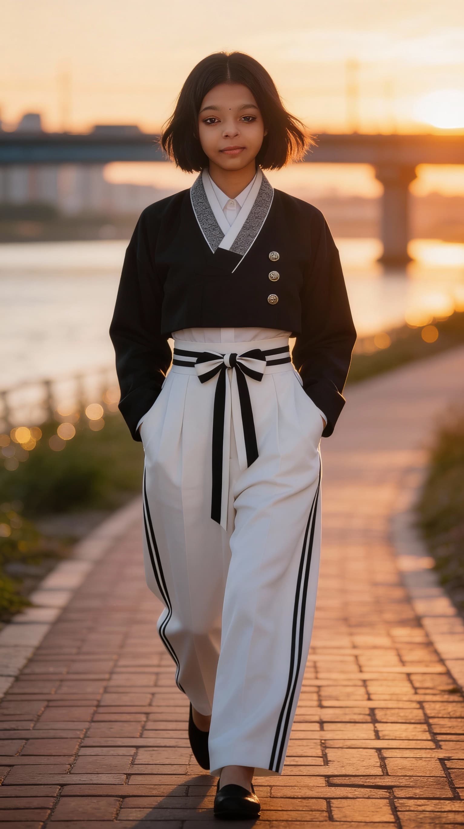 AI generated: ultra-realistic view photo of a Korean female model in 2026 Seoul Korea. Long shadows at the sunset ...