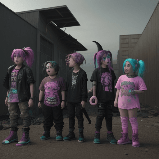 AI generated: A bunch of kids eating pink donuts and having fun in a post apocalyptic world, One kid is a girl wit...