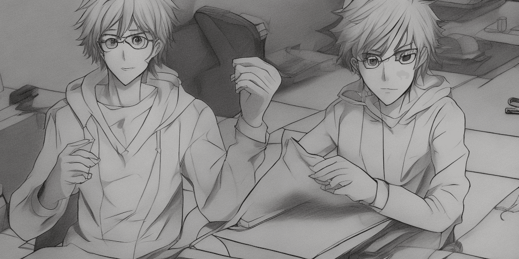 AI generated: anime style young man sitting in his geek room making drawings on a white sheet of paper, ultra real...