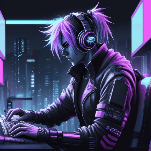 AI generated: Cyberpunk style male, typing on keyboard, wearing headphones, looking towards viewer, active pose, a...