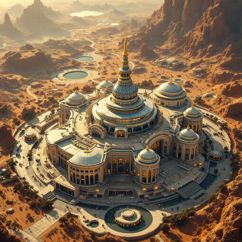 AI generated: The Central bank as seen from above : this imposing building in the center of a futuristic sci-fi ci...