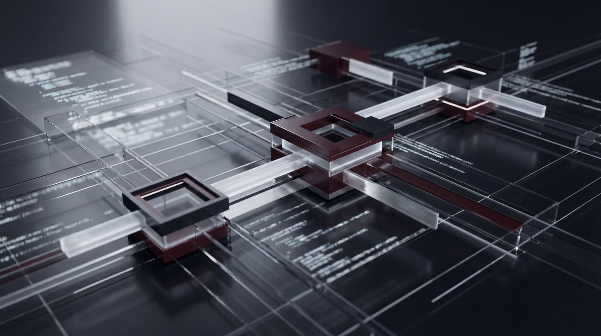 AI generated: A professional software development concept image showing abstract code structures, digital grids, a...