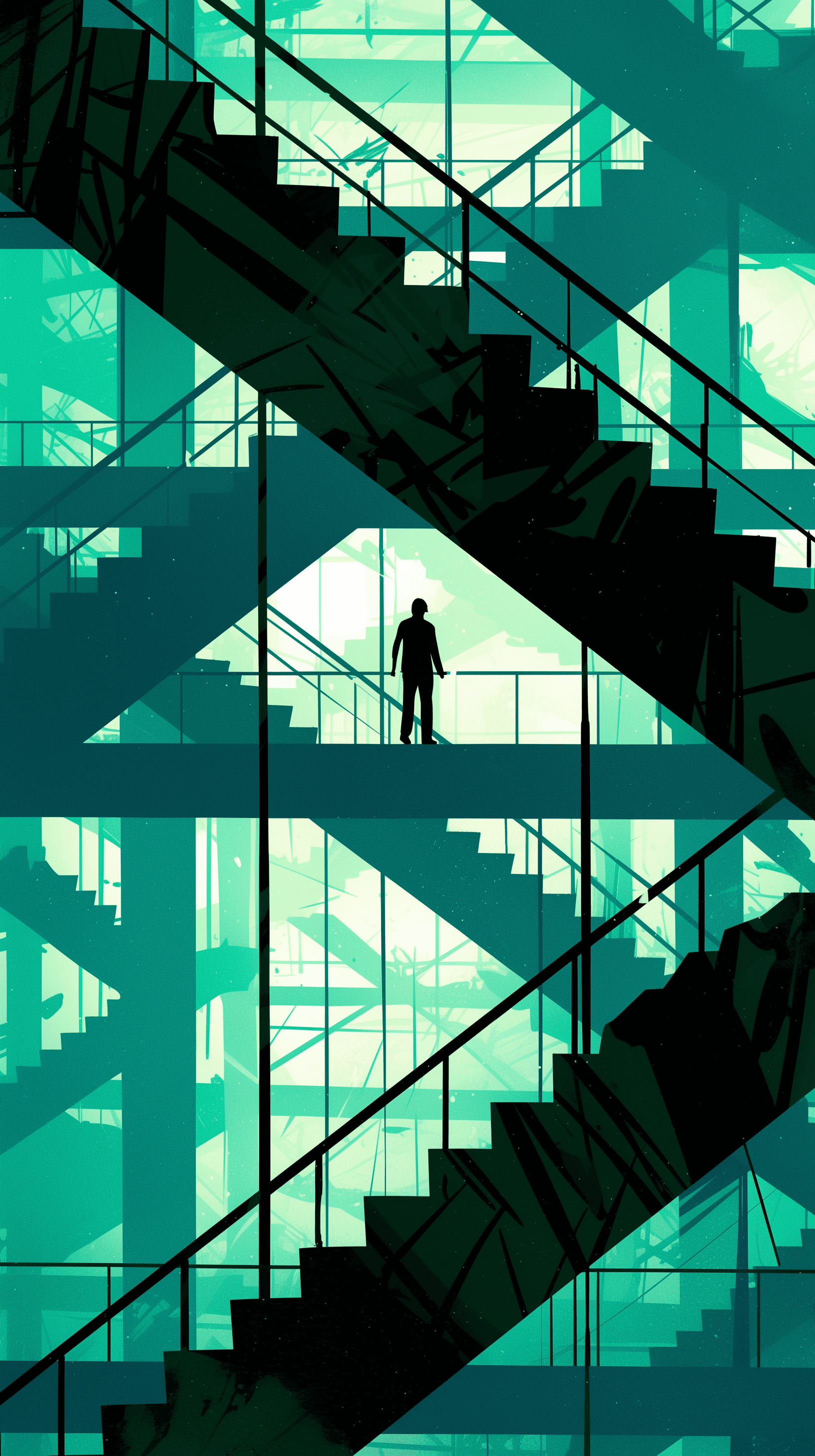 AI generated: illustration, man in a dramatic of light and shadow inside a contemporary architectural structure, s...