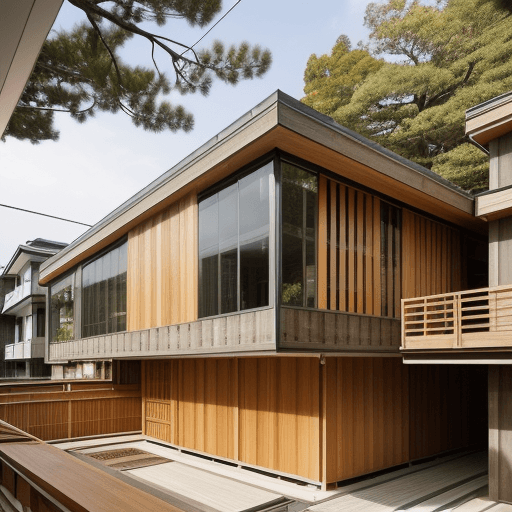 AI generated: High resolution photography modern japanese architectural style building with a symmetrical layout. ...