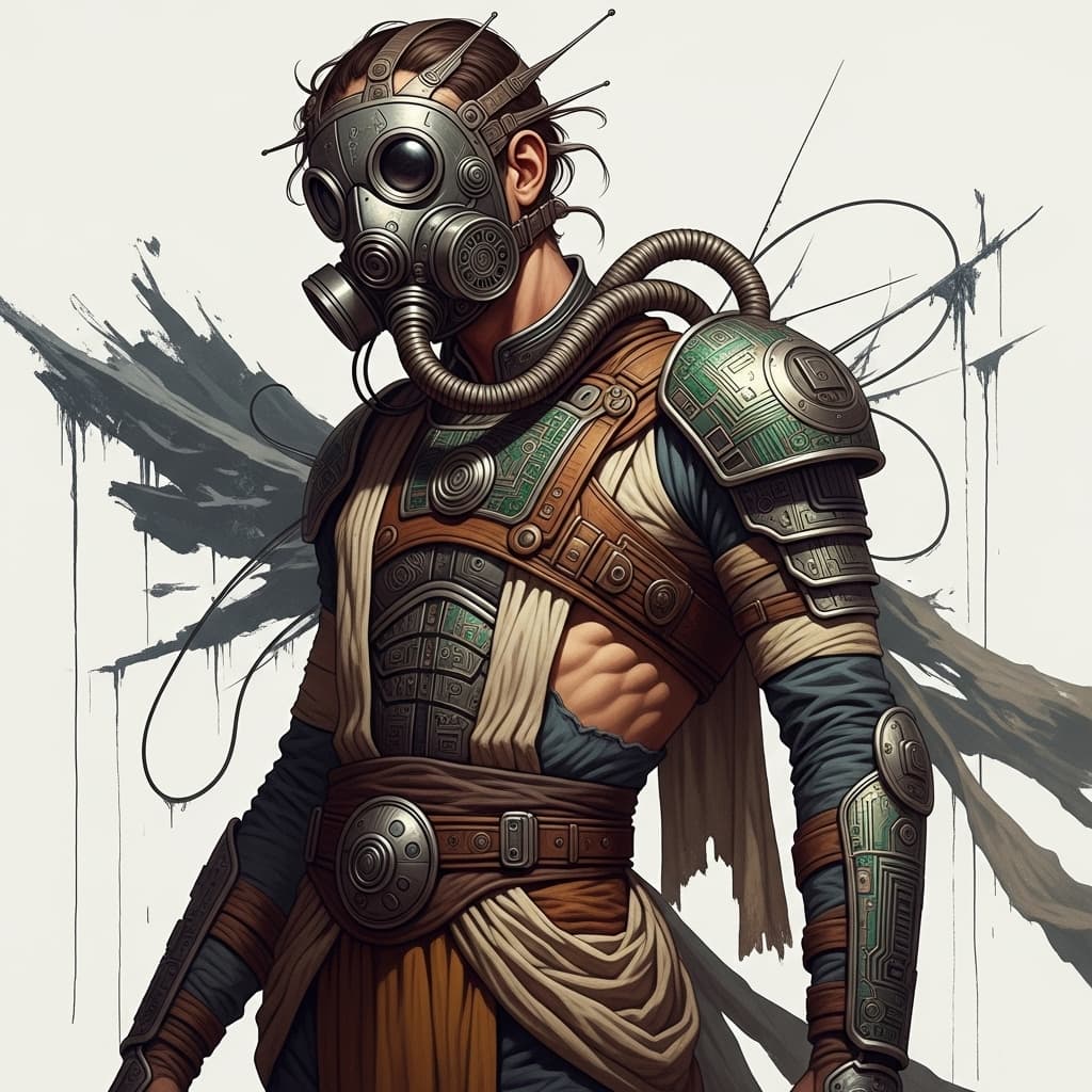 AI generated: Surreal Krull movie male character design in the styles of Sergio Toppi and George Barbier with gas ...