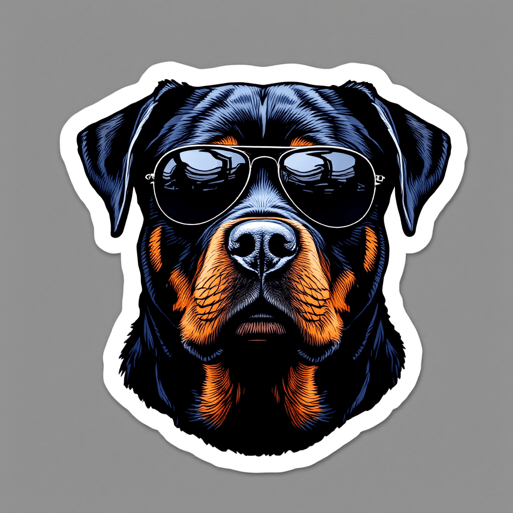 AI generated: A die-cut sticker of a German Rottweiler facing forward with a strong and stoic demeanor.  The Rottw...