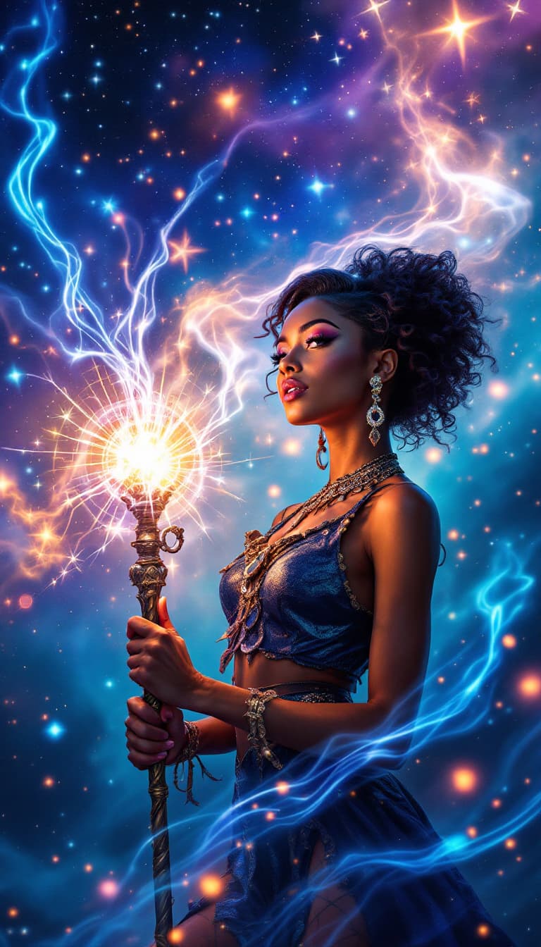 AI generated: "Aurora Weaver with Captivating Style": A vibrant image showcases a captivating woman, skillfully ma...
