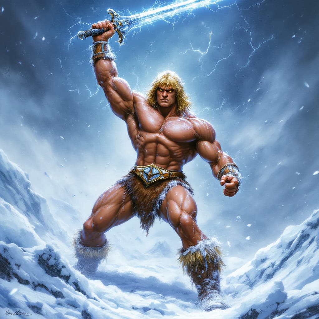 AI generated: : (Ultra-detailed, Boris Vallejo, hyper-realistic, cinematic, sharp focus:1.5), He-Man, the iconic h...