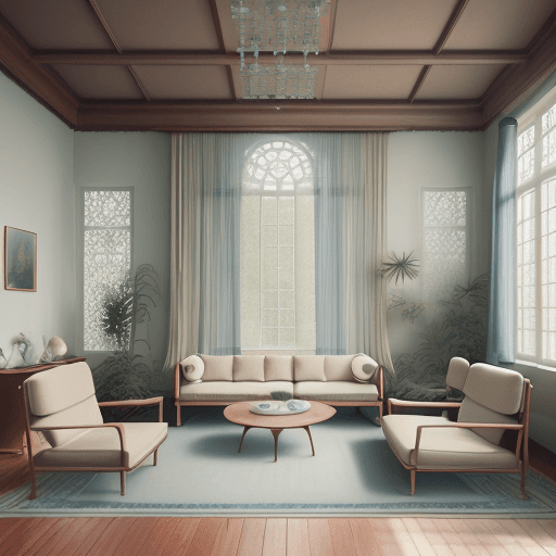 AI generated: High resolution photography interior design, dreamy sunken living room conversation pit, wooden floo...