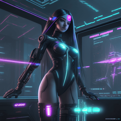 AI generated: cybernized girl with cyberpunk prosthetics in single stockings, long hair, Spaceship inside, futuris...