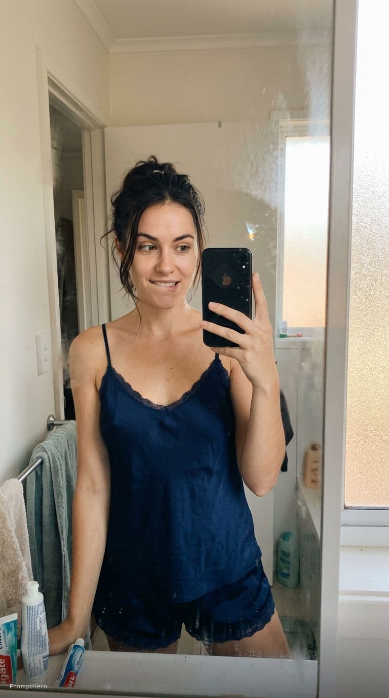 AI generated: Casual mirror selfie in a bathroom, smartphone photo quality. Slim brunette  with a playful expressi...
