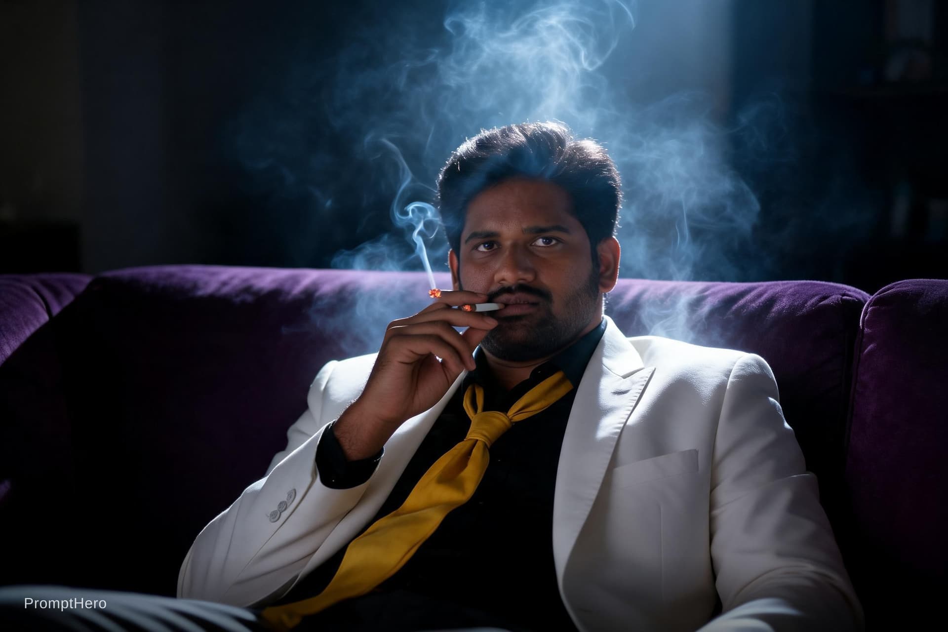 AI generated: snapshot,dimly lit room with a hazy atmosphere,capturing a male model lounging on a deep purple colo...