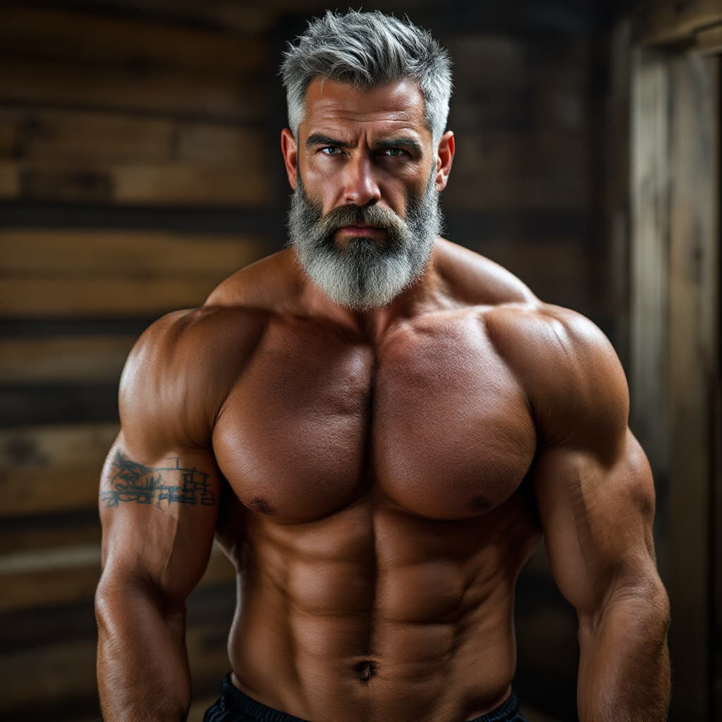 AI generated: Handsome muscular 40-year-old daddy, hairy chest, with silver salt and pepper hair and beard, broad ...