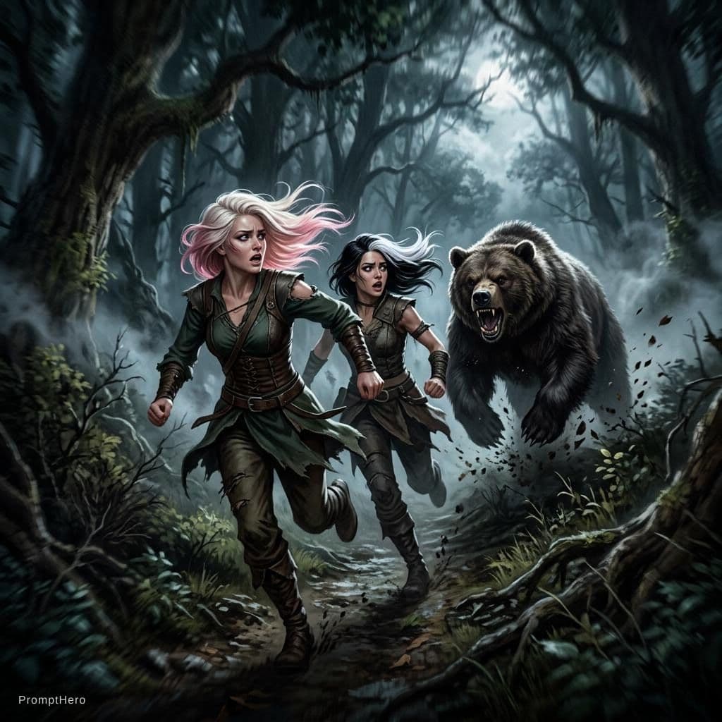 AI generated: Epic fantasy chase scene, two gorgeous women sprinting desperately through dense dark forest at nigh...