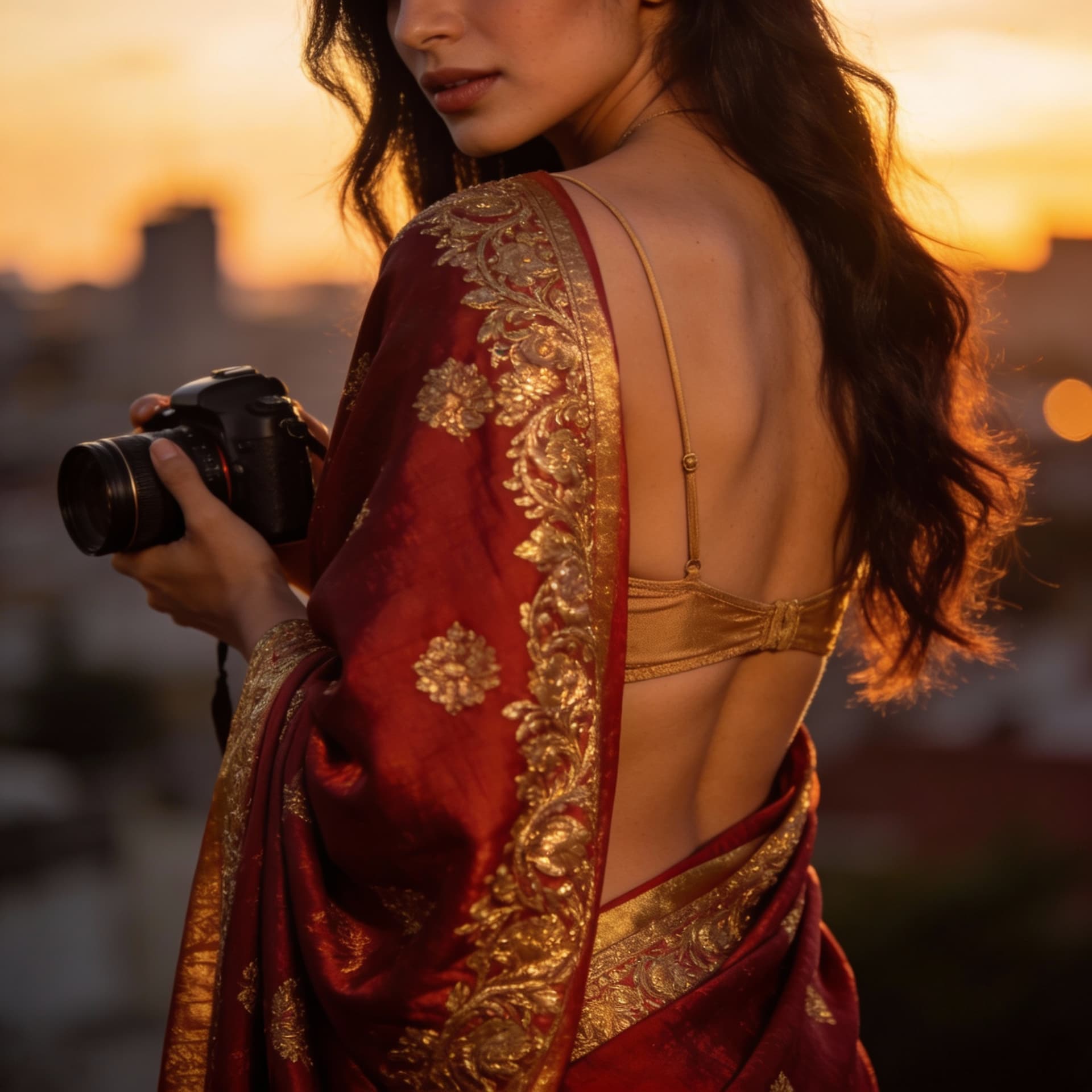 AI generated: A adult lady wearing a sexy sari and camra showing her back figure Prompts