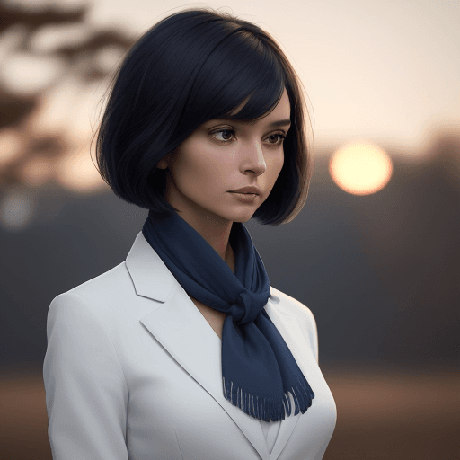 AI generated: Create an image of a woman standing up with a short bob hairstyle, skinny,exuding a serene and compo...