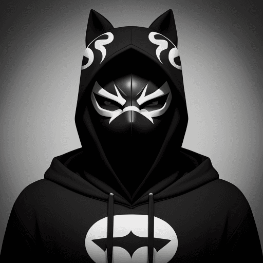 AI generated:  The image features a black and white stylized logo of a masked character. The mask has a hood and i...