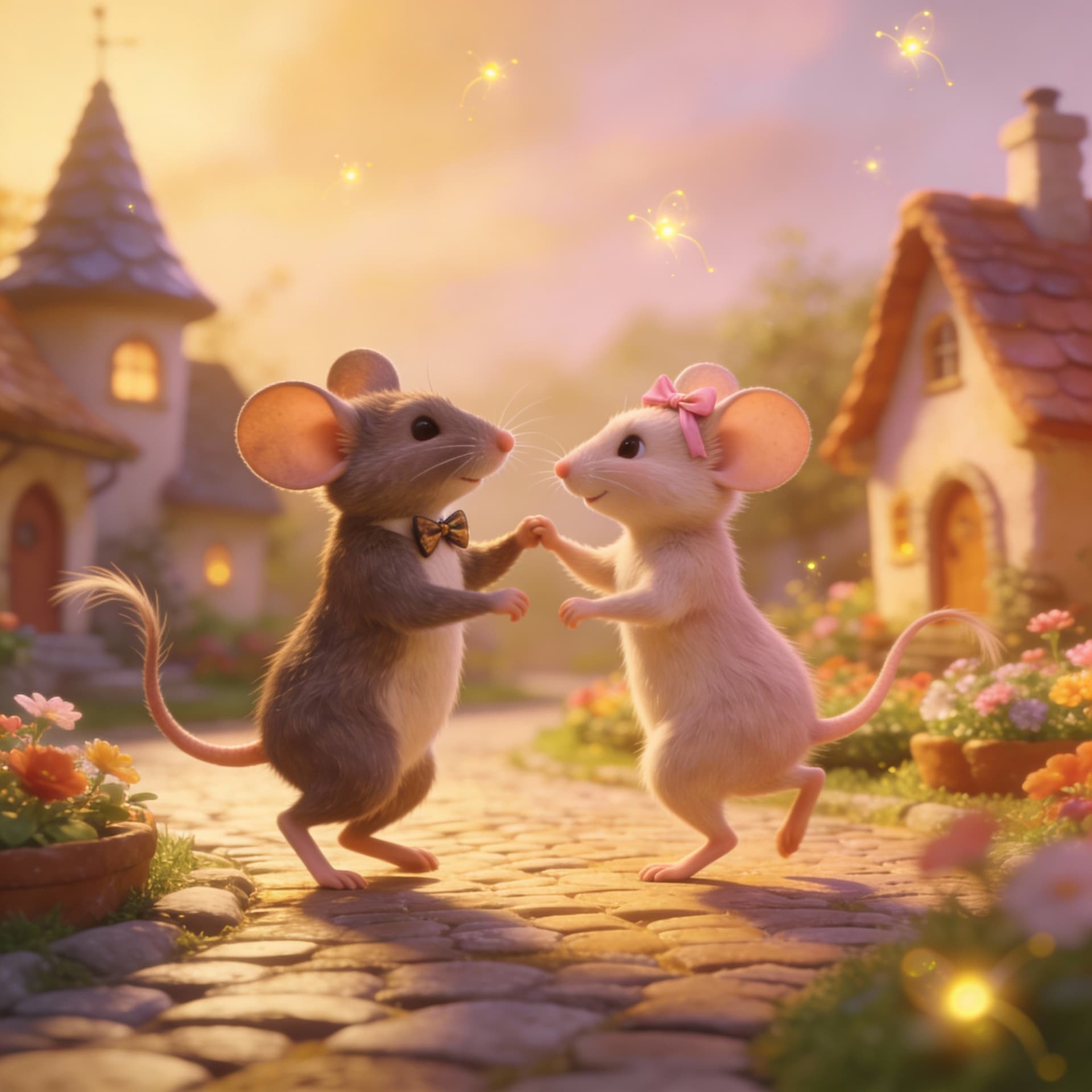 AI generated: Two mice, a male and a female, are dancing in a fairytale-like neighborhood; a realistic animation, ...