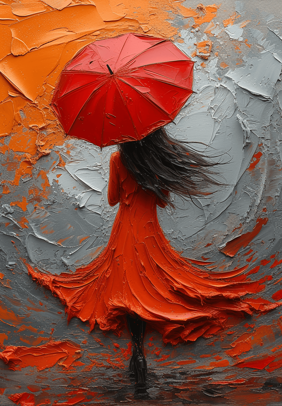 AI generated: a painting of a woman holding a red umbrella, in the style of fluid dynamic brushwork, textured canv...