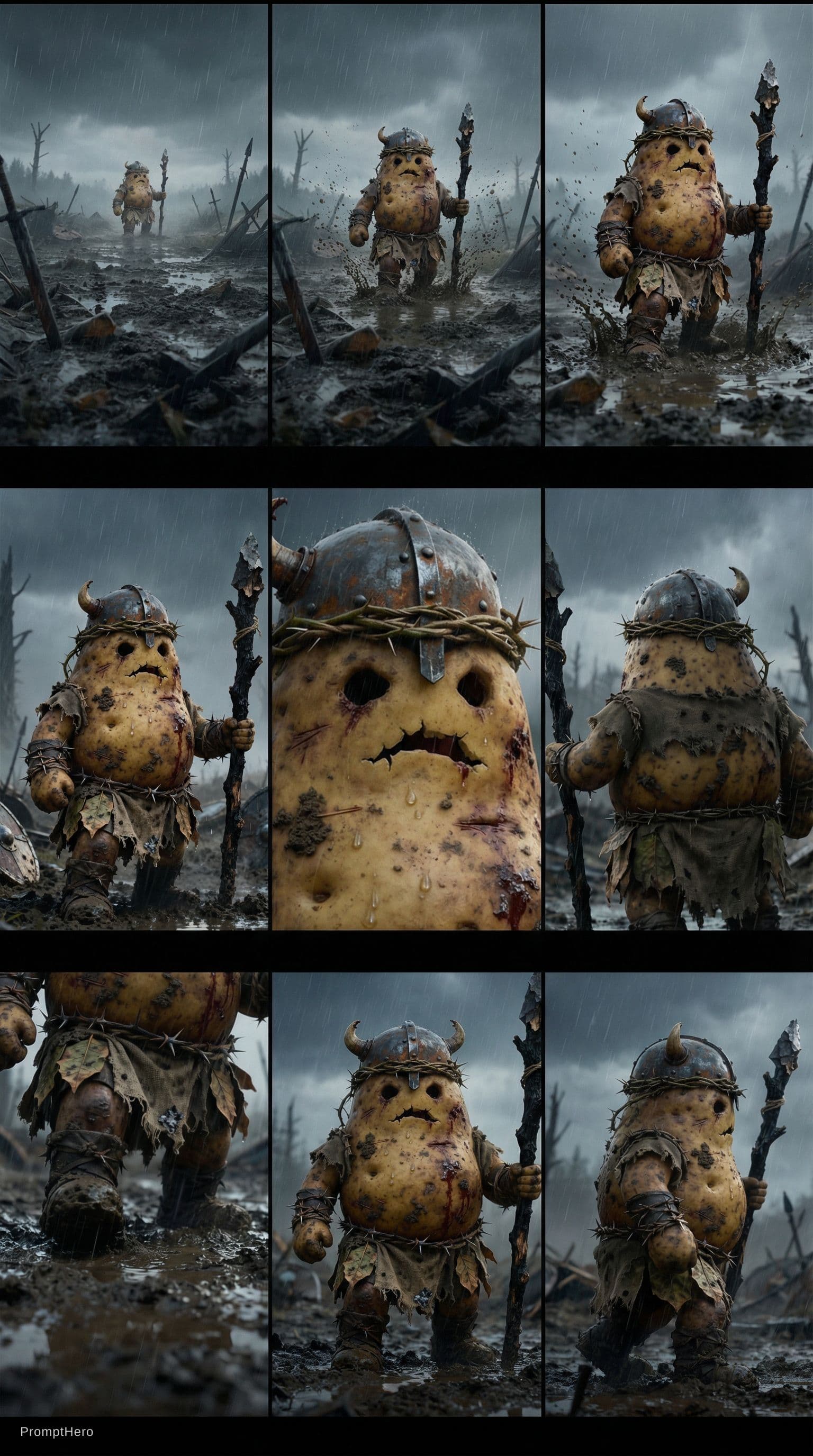 AI generated: 3x3 grid cinematic storyboard of the same potato warrior walking through muddy battlefield after war...