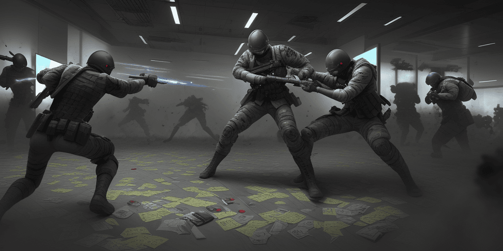 AI generated: software developers fighting, two sides of developers equipped with laptops and tech as weapons. Spl...