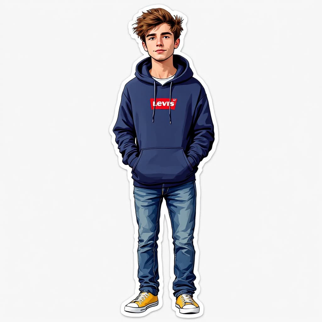 AI generated: A full-body sticker-style illustration of a young man with brown hair and a light, sparse one-day st...