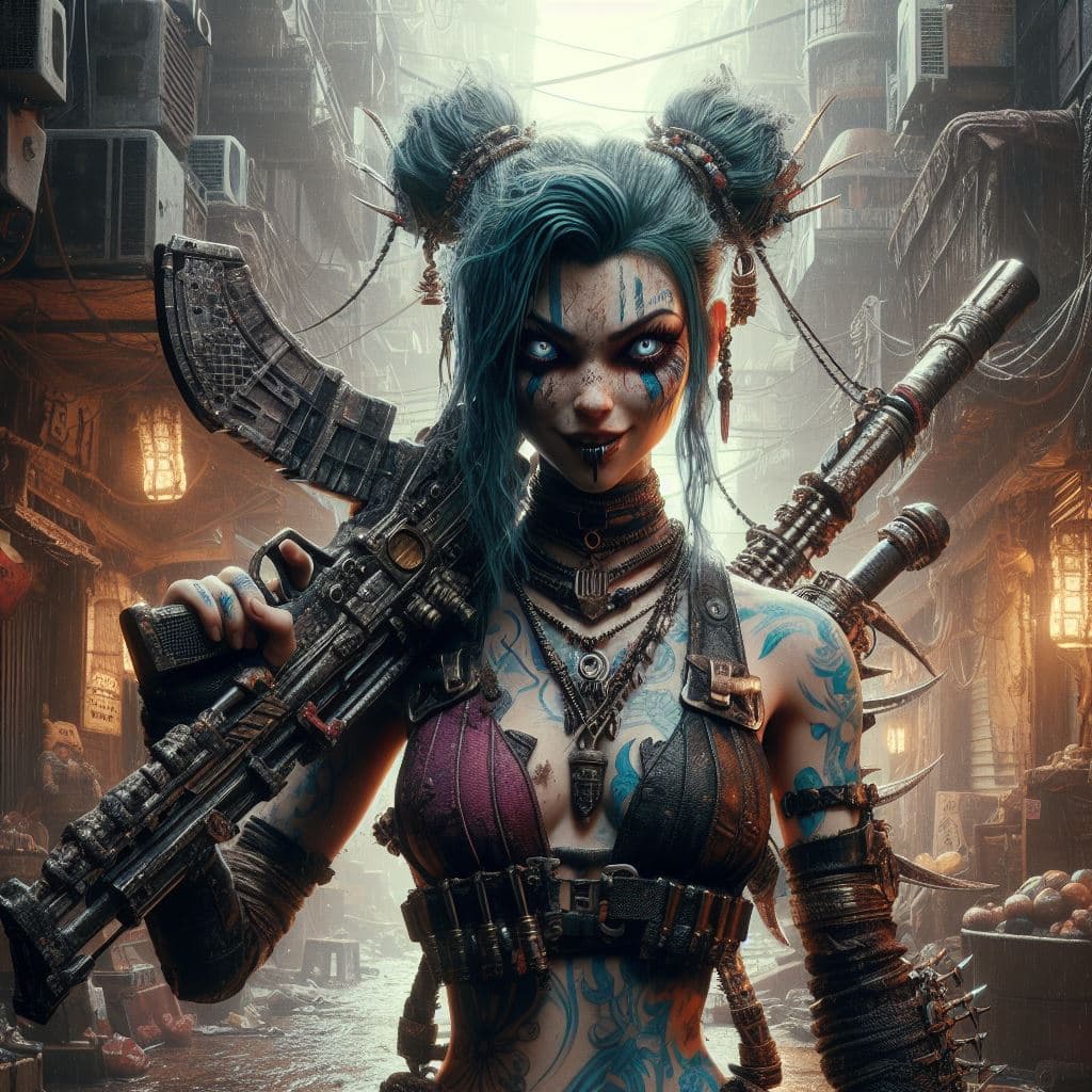 AI generated: Jinx Hyper-realistic photograph of Jinx in Zaun's undercity, showcasing her chaotic essence. Advance...